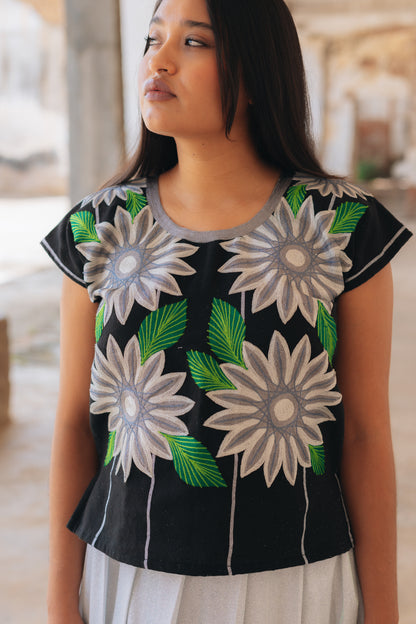 Huipil Flor Maxi Margarita Negro / Gris